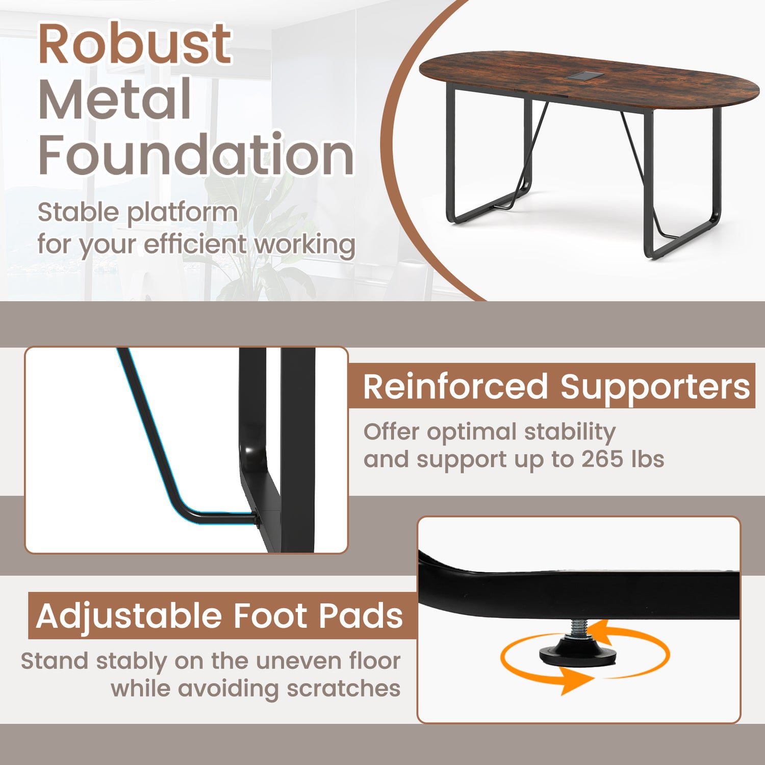 71 Inches Executive Table Oval Home Office Table with Cable Management Hole-Rustic Brown