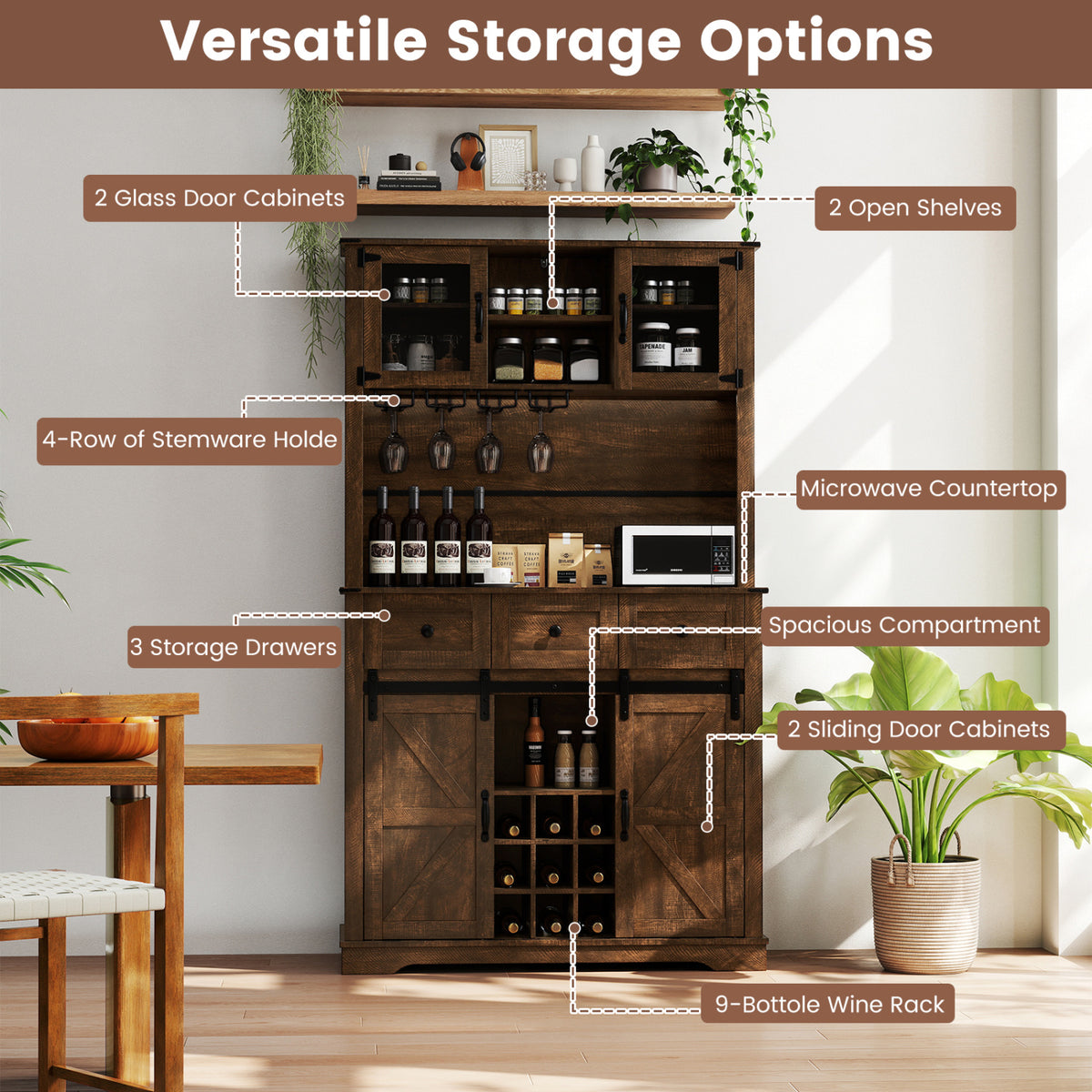 72 Inch Coffee Bar Cabinet with Drawers and Sliding Barn Doors-Brown