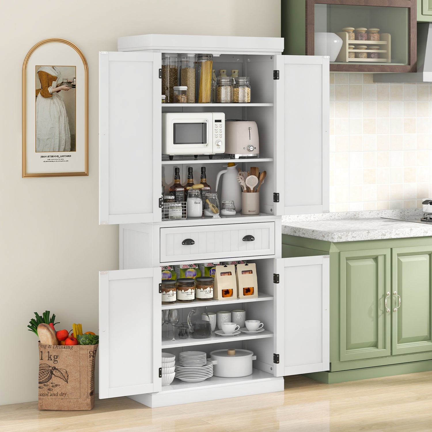 Cupboard Freestanding Kitchen Cabinet w/ Adjustable Shelves