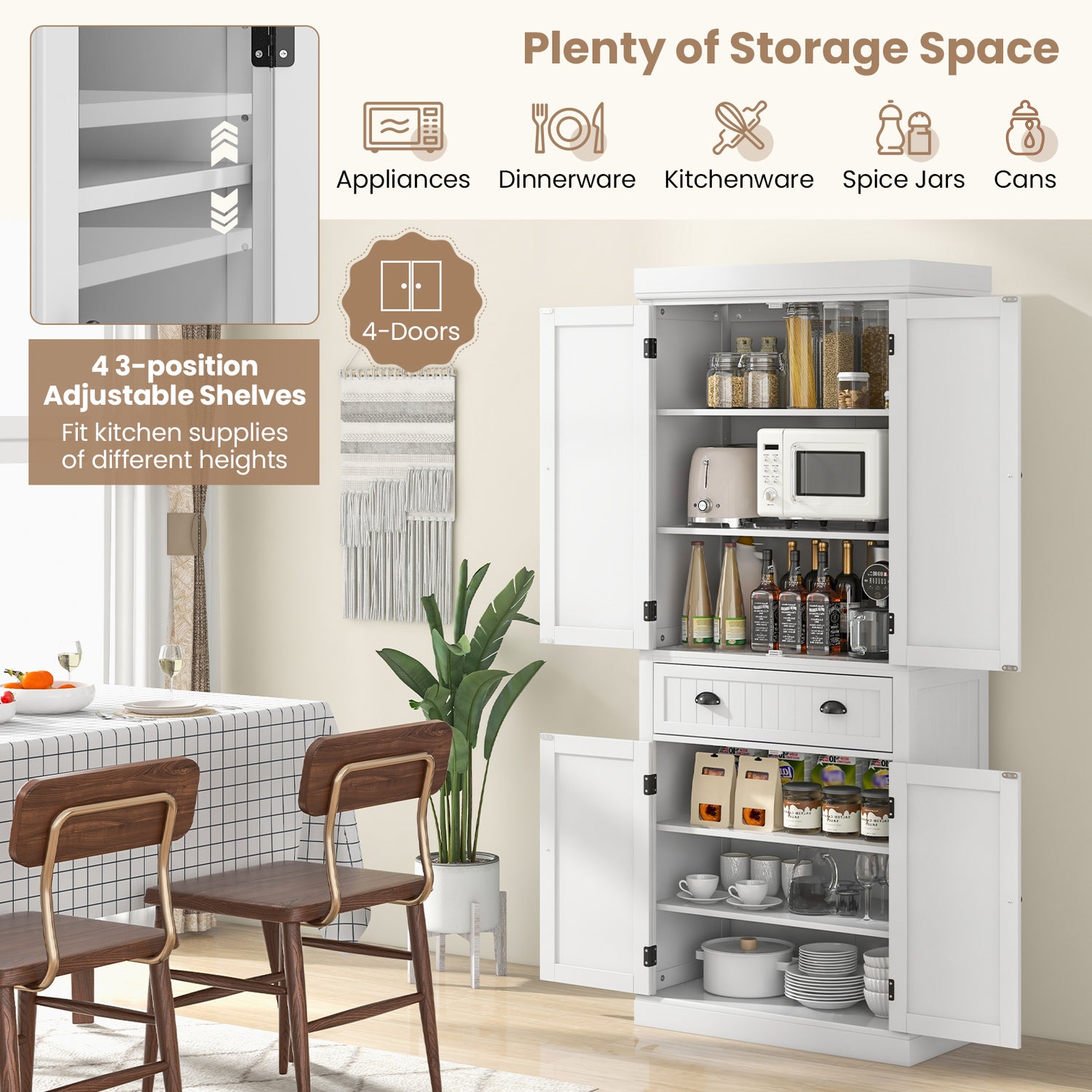 Cupboard Freestanding Kitchen Cabinet w/ Adjustable Shelves
