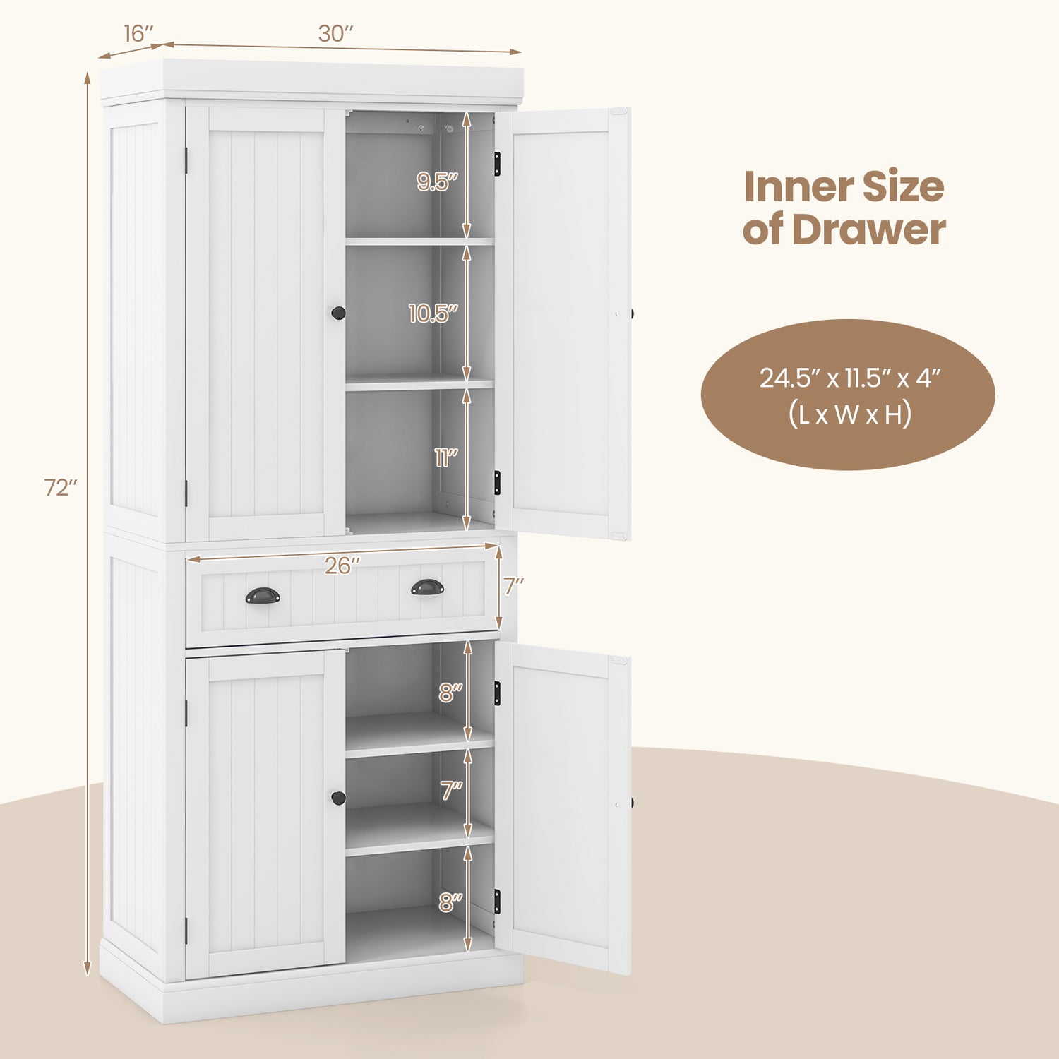Cupboard Freestanding Kitchen Cabinet w/ Adjustable Shelves