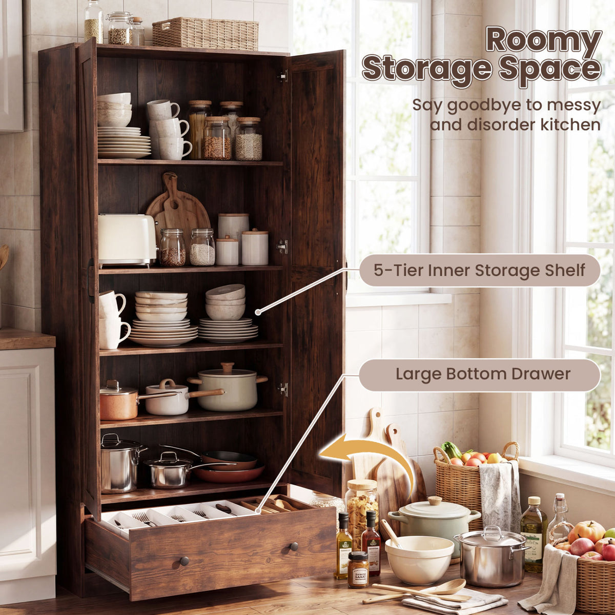 72 Inch Tall Kitchen Pantry Cabinet Farmhouse Wooden Cupboard with 2 Doors