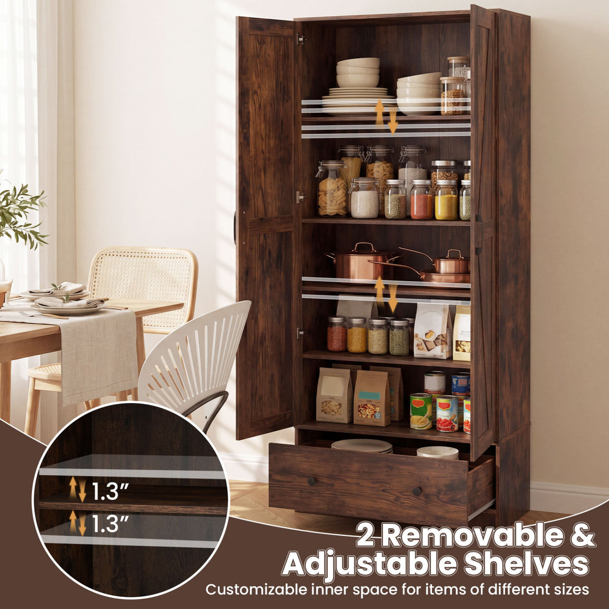 72 Inch Tall Kitchen Pantry Cabinet Farmhouse Wooden Cupboard with 2 Doors