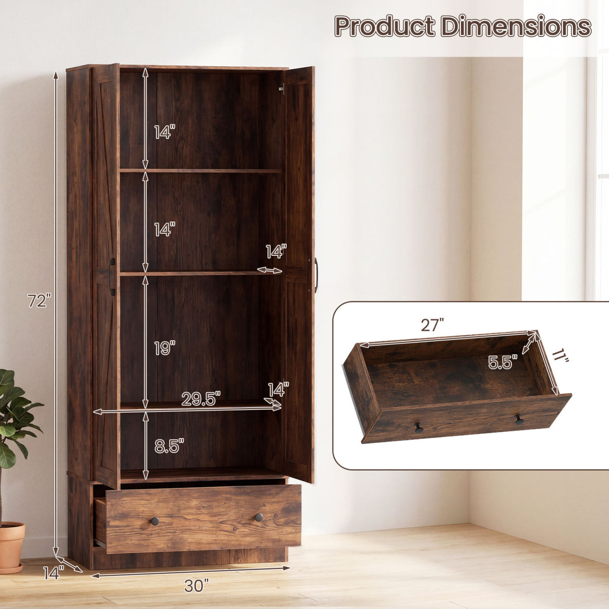 72 Inch Tall Kitchen Pantry Cabinet Farmhouse Wooden Cupboard with 2 Doors