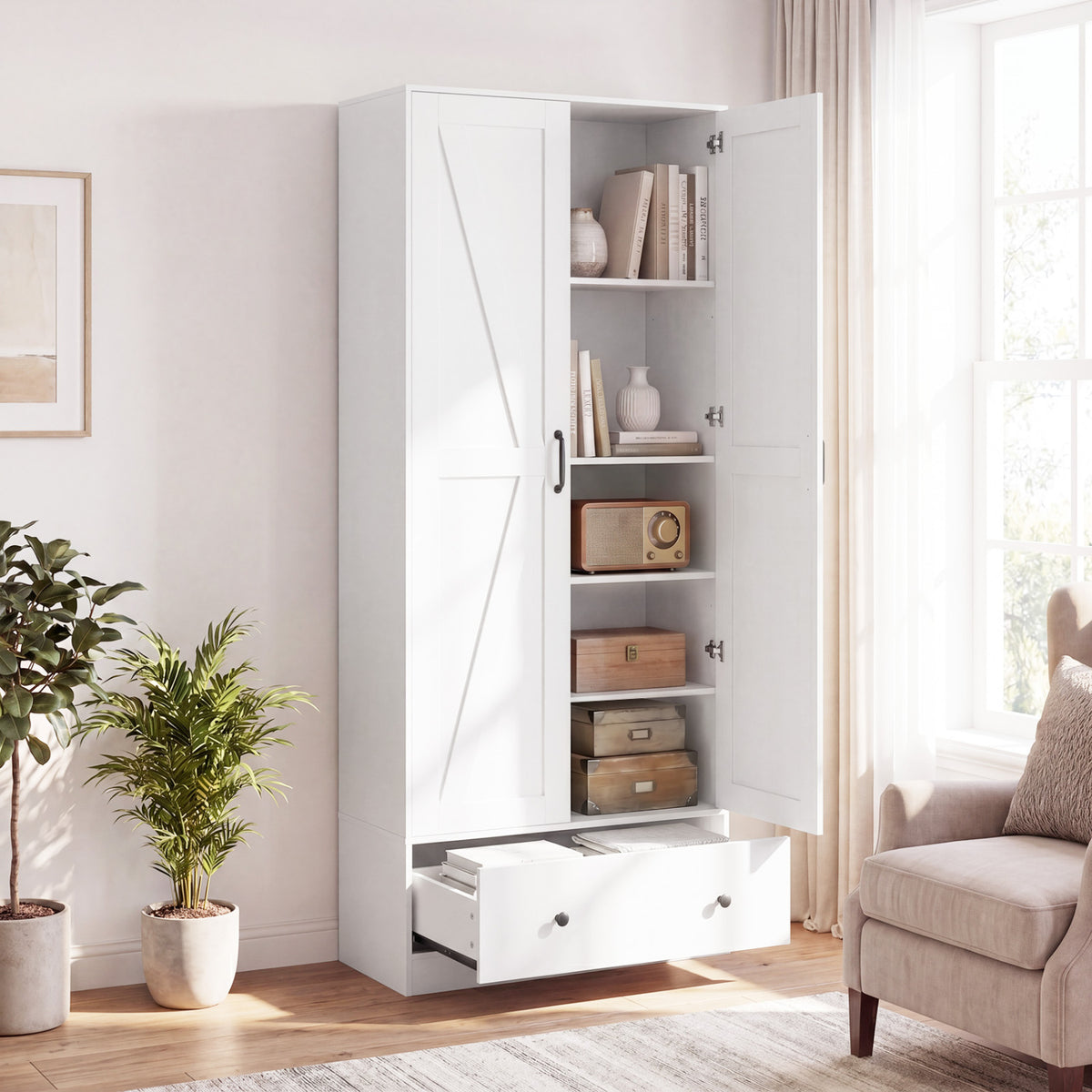 72 Inch Tall Kitchen Pantry Cabinet Farmhouse Wooden Cupboard with 2 Doors