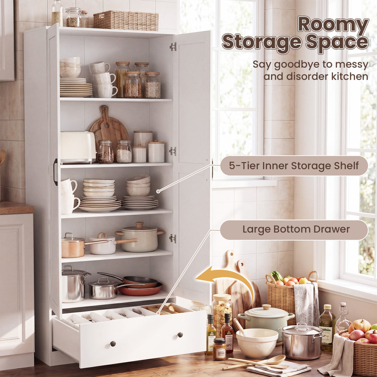 72 Inch Tall Kitchen Pantry Cabinet Farmhouse Wooden Cupboard with 2 Doors