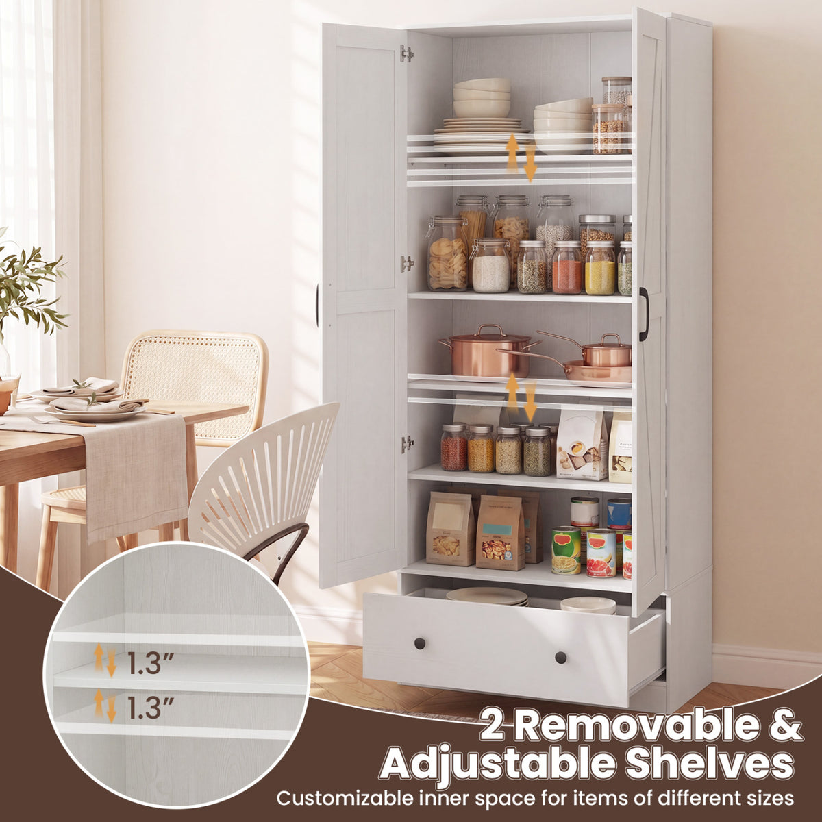 72 Inch Tall Kitchen Pantry Cabinet Farmhouse Wooden Cupboard with 2 Doors