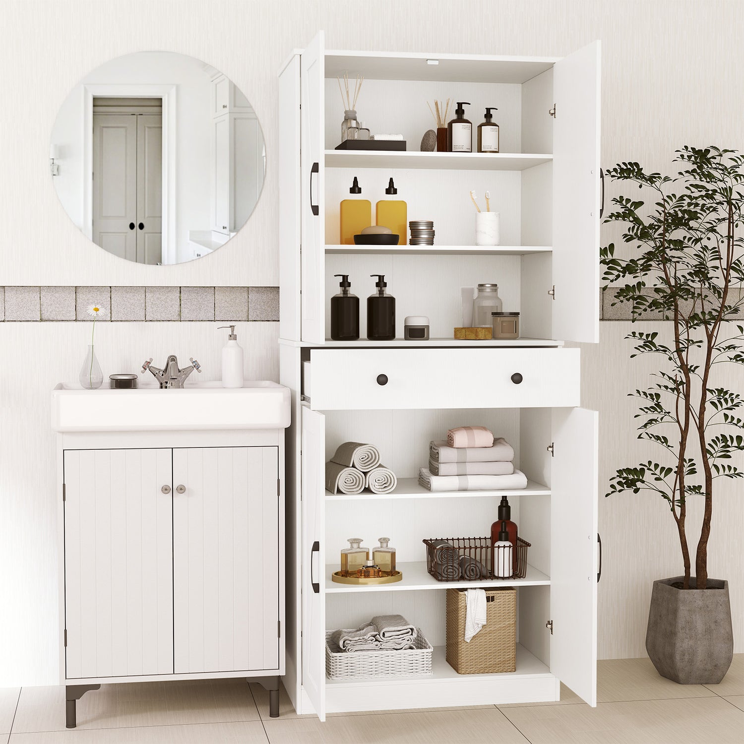 72 Inch Tall Modern Farmhouse Cupboard Cabinet with 4 Barn Doors