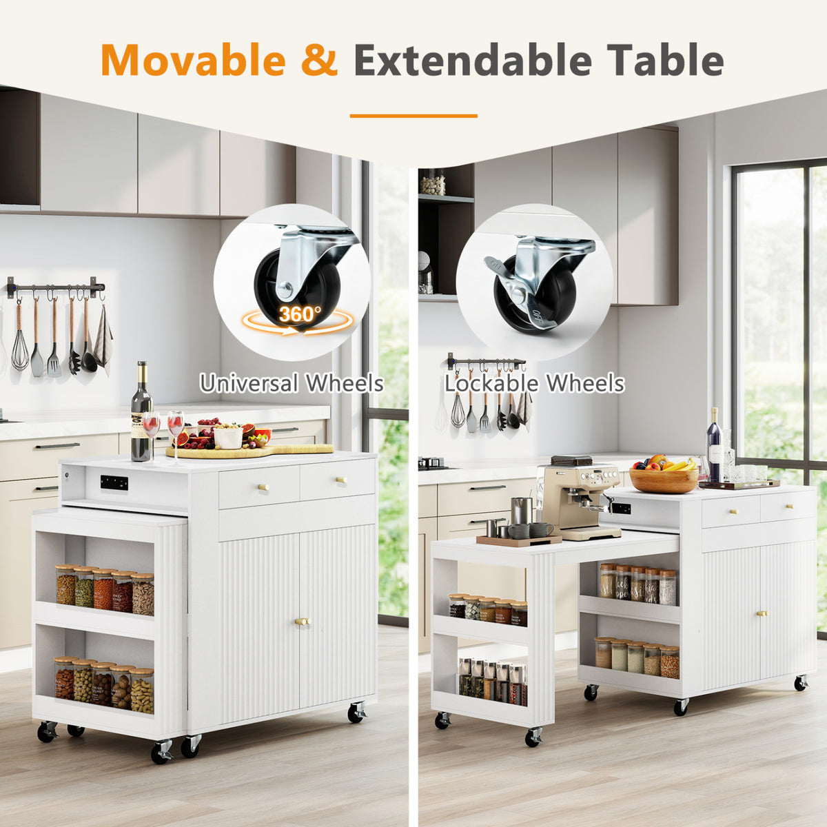 72" Kitchen Island with Extendable Dining Table and Power Outlet