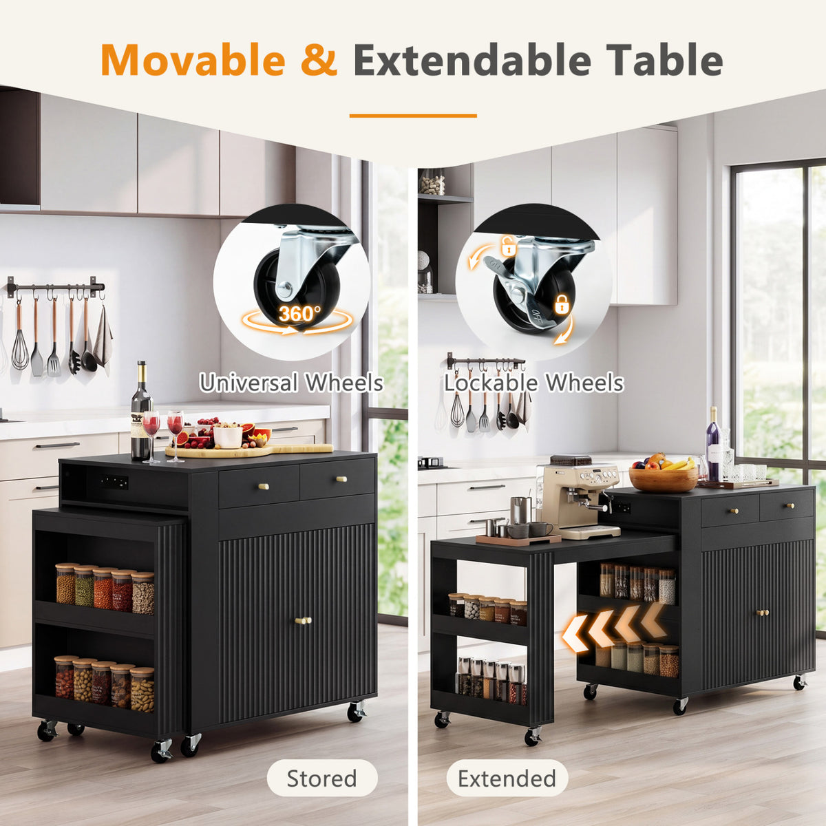 72" Kitchen Island with Extendable Dining Table and Power Outlet