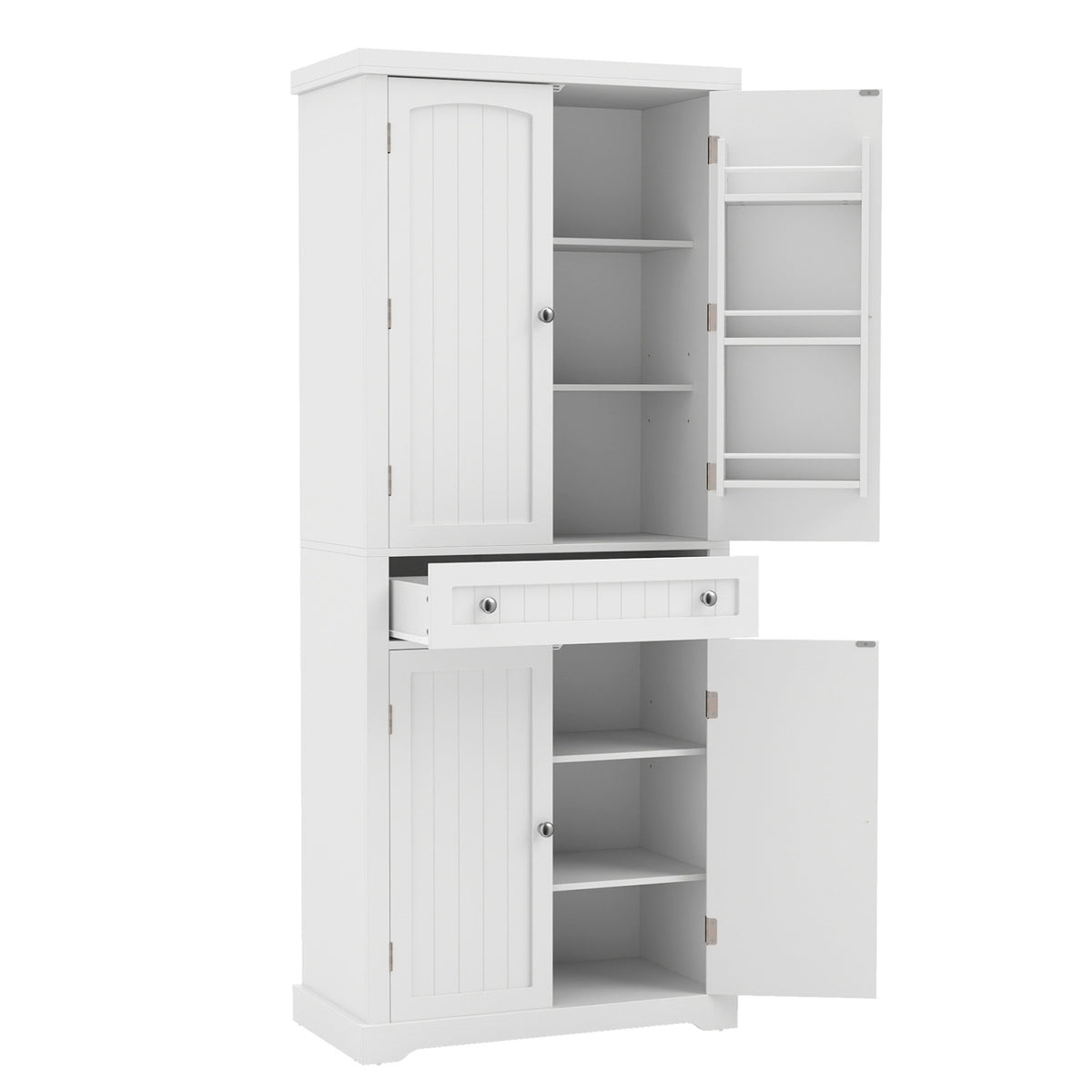 72â Tall Kitchen Cabinet  Pantry Storage Cabinet with 4 Fluted Doors and 6 Door Shelves-White
