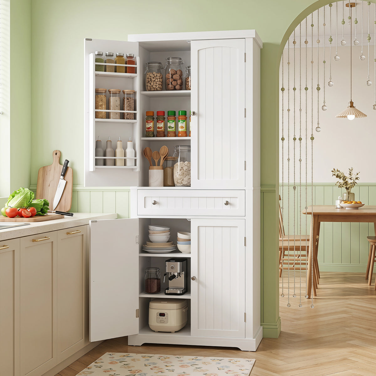 72â Tall Kitchen Cabinet  Pantry Storage Cabinet with 4 Fluted Doors and 6 Door Shelves-White