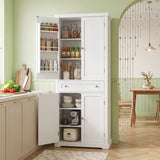 72â Tall Kitchen Cabinet  Pantry Storage Cabinet with 4 Fluted Doors and 6 Door Shelves-White