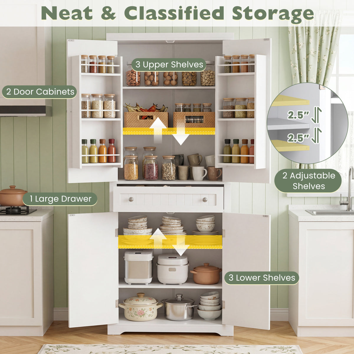 72â Tall Kitchen Cabinet  Pantry Storage Cabinet with 4 Fluted Doors and 6 Door Shelves-White
