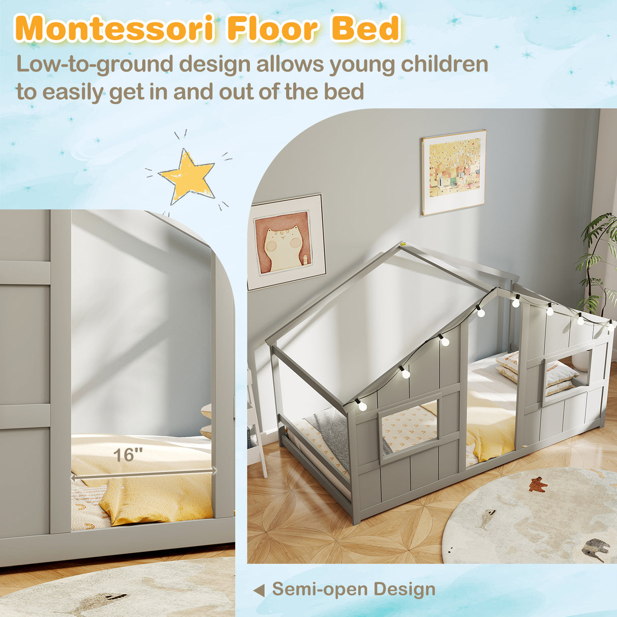 Twin Size House Bed with LED Lights Montessori Slat-free Floor Bed