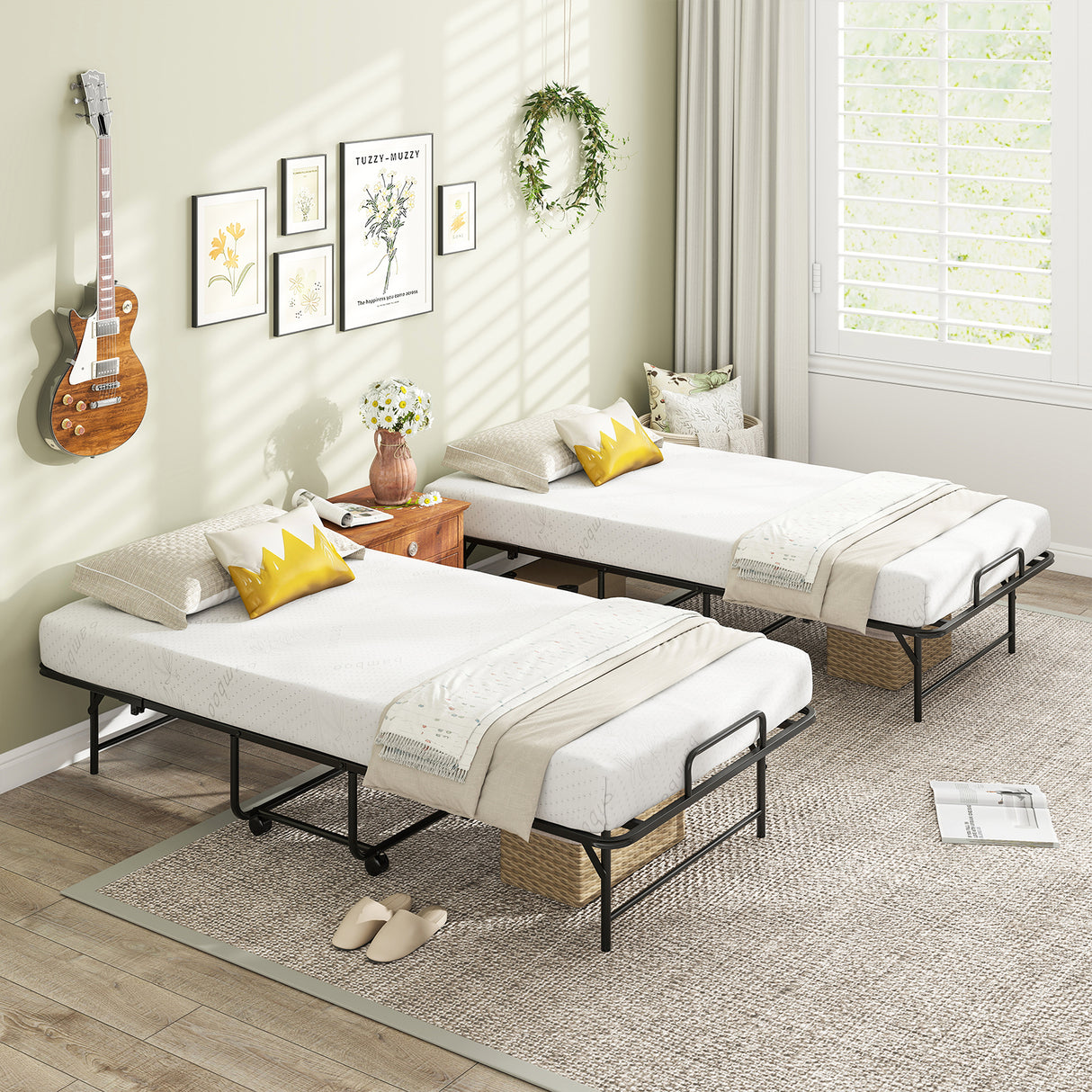 75 x 38 Inch Folding Bed with Mattress Twin Size Rolling Guest Bed