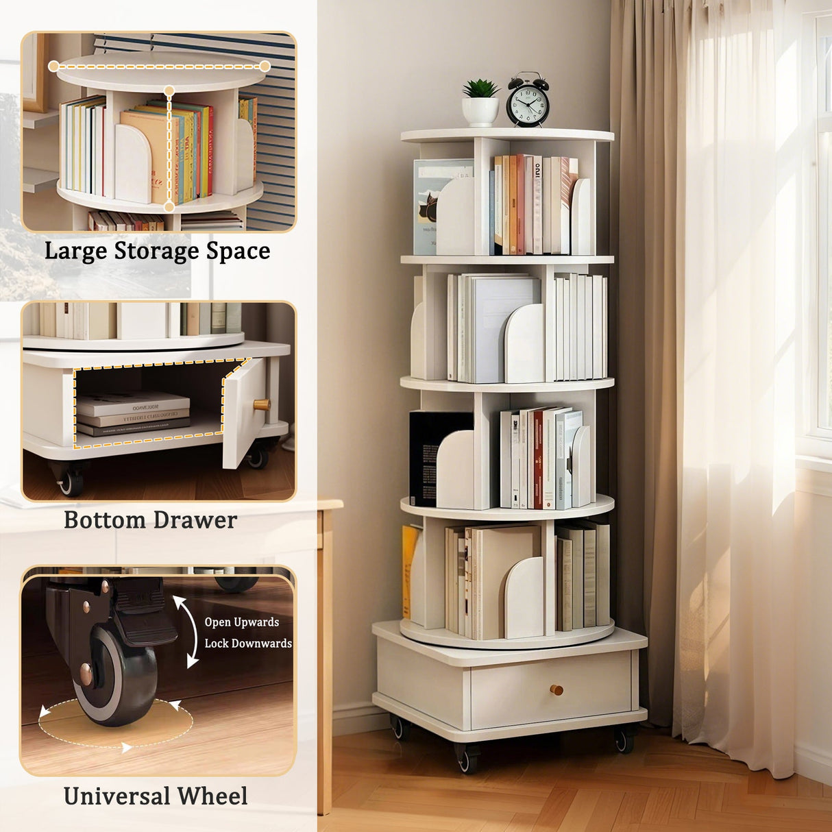 5 Tier Rotating Bookshelf with Wheels and Drawer, 360° Spinning Design, Space Saving Storage, for Home and Office, White MDF