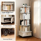 5 Tier Rotating Bookshelf with Wheels and Drawer, 360° Spinning Design, Space Saving Storage, for Home and Office, White MDF