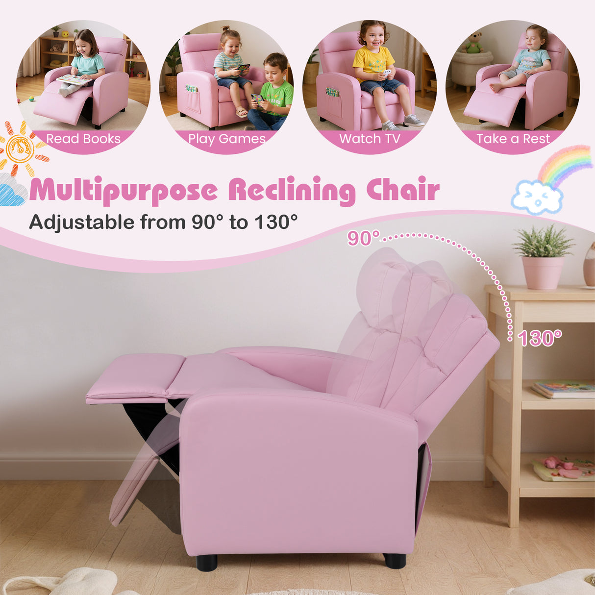 Ergonomic PU Leather Kids Recliner Lounge Sofa for 3-12 Age Group