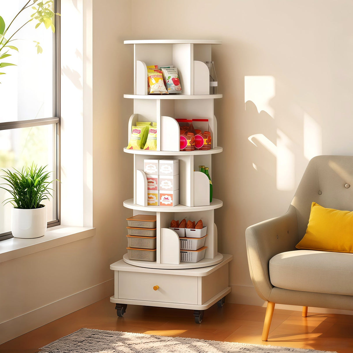 5 Tier Rotating Bookshelf with Wheels and Drawer, 360° Spinning Design, Space Saving Storage, for Home and Office, White MDF