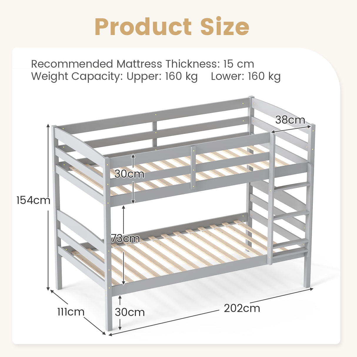 Solid Wood Twin Over Twin Bunk Bed Frame with High Guardrails and Integrated Ladder