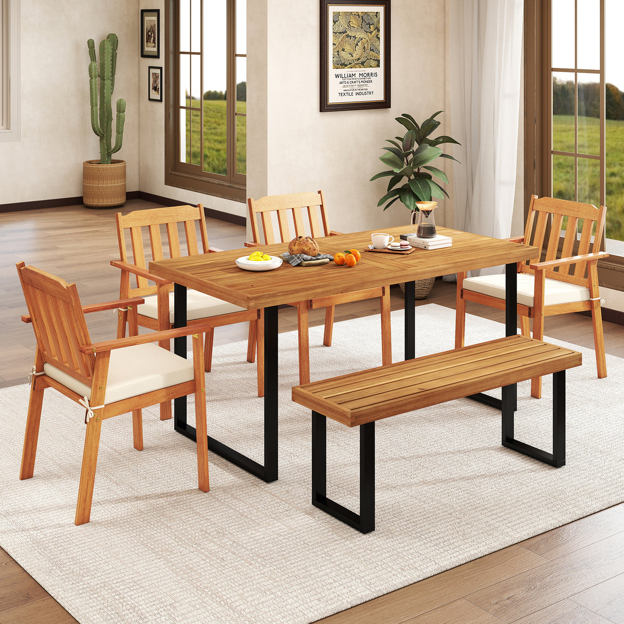 Acacia Wood Dining Table for 6 People Wooden Rectangular Table