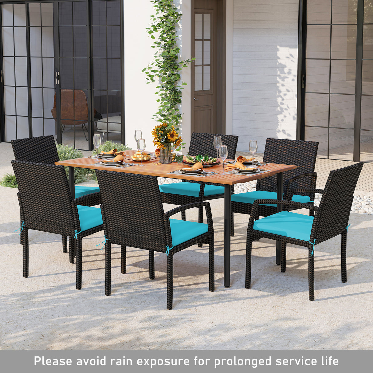 7 Pieces Patio Rattan Cushioned Dining Set with Umbrella Hole