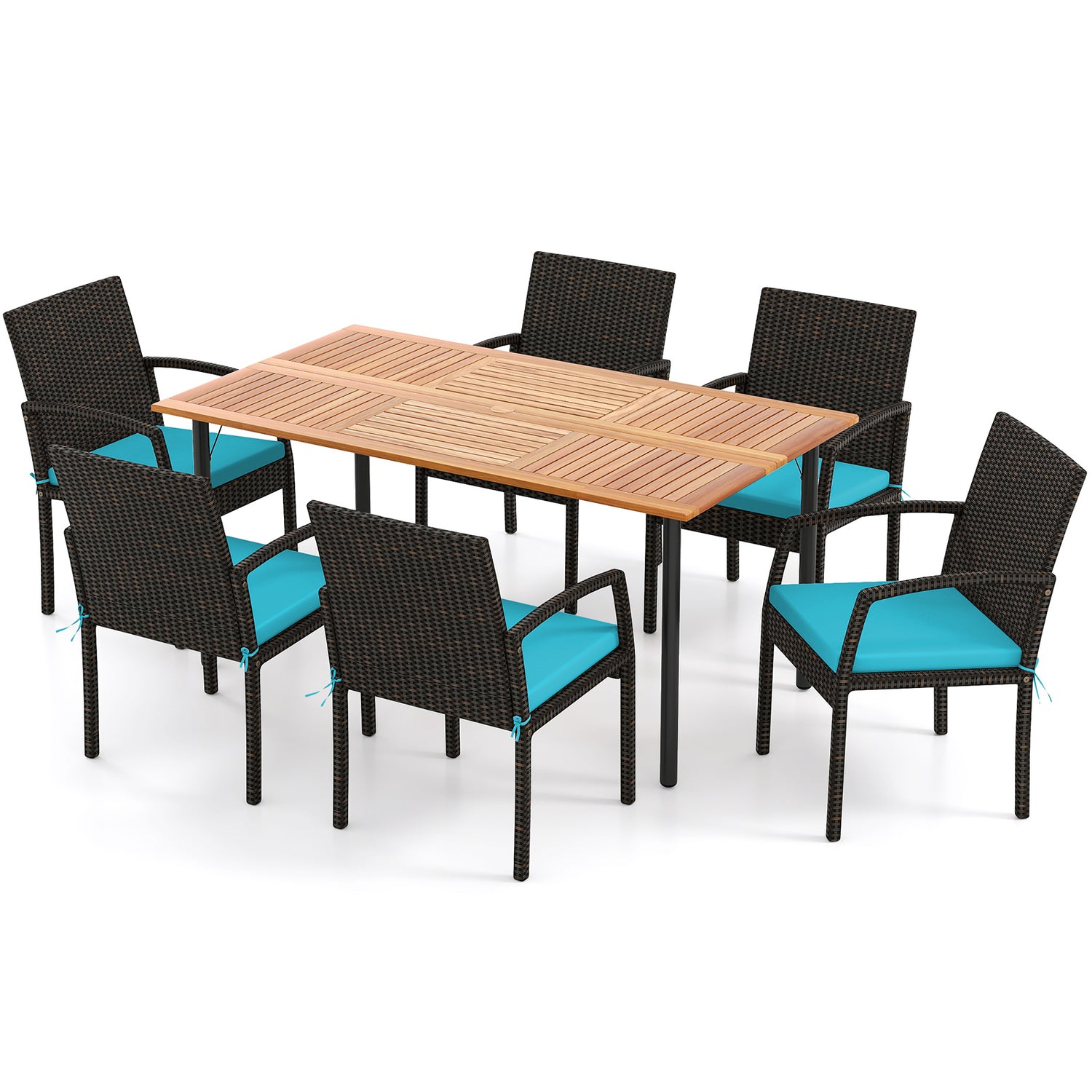 7 Pieces Patio Rattan Cushioned Dining Set with Umbrella Hole