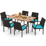 7 Pieces Patio Rattan Cushioned Dining Set with Umbrella Hole