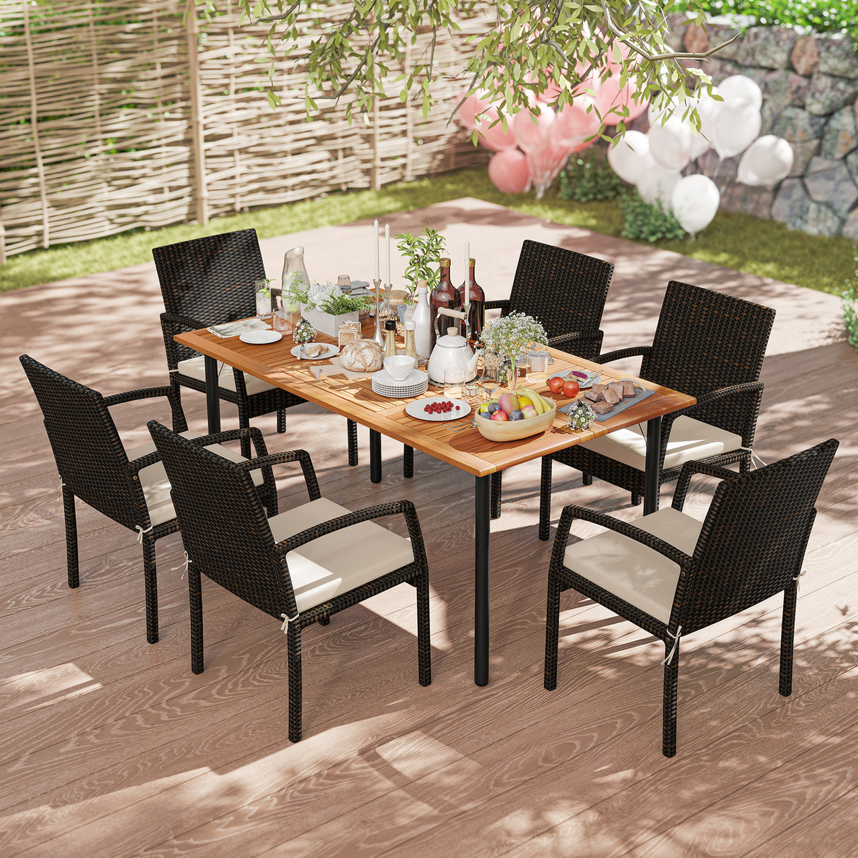 7 Pieces Patio Rattan Cushioned Dining Set with Umbrella Hole
