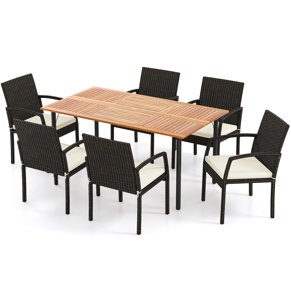 7 Pieces Patio Rattan Cushioned Dining Set with Umbrella Hole