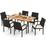 7 Pieces Patio Rattan Cushioned Dining Set with Umbrella Hole