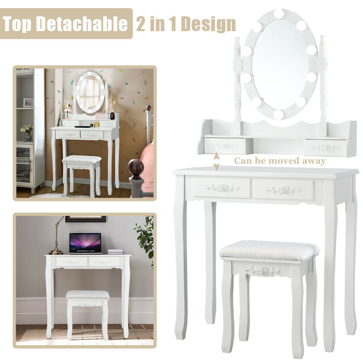 Makeup Dressing Table with Touch Switch Lighted Mirror and Cushioned Stool