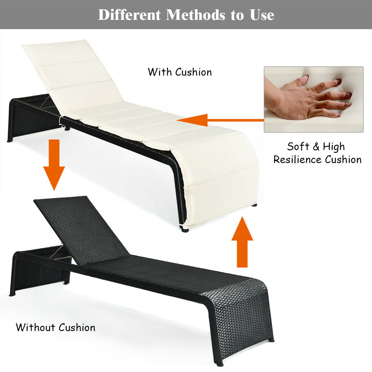 Patio Rattan Lounge Chair Back Adjustable Chaise Recliner  with Cushioned