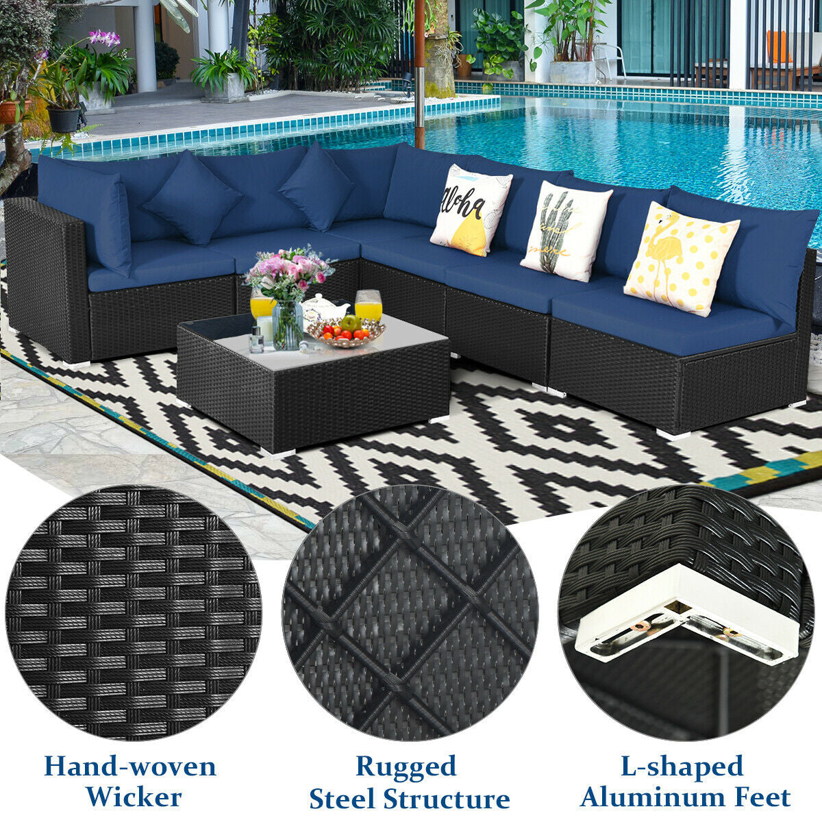 7-Piece Outdoor Sectional Wicker Patio Sofa Set with Tempered Glass Top