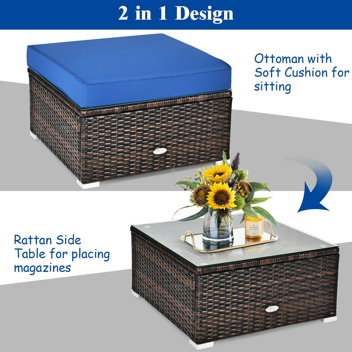 6 Pcs Patio Rattan Furniture Set with Sectional Cushion