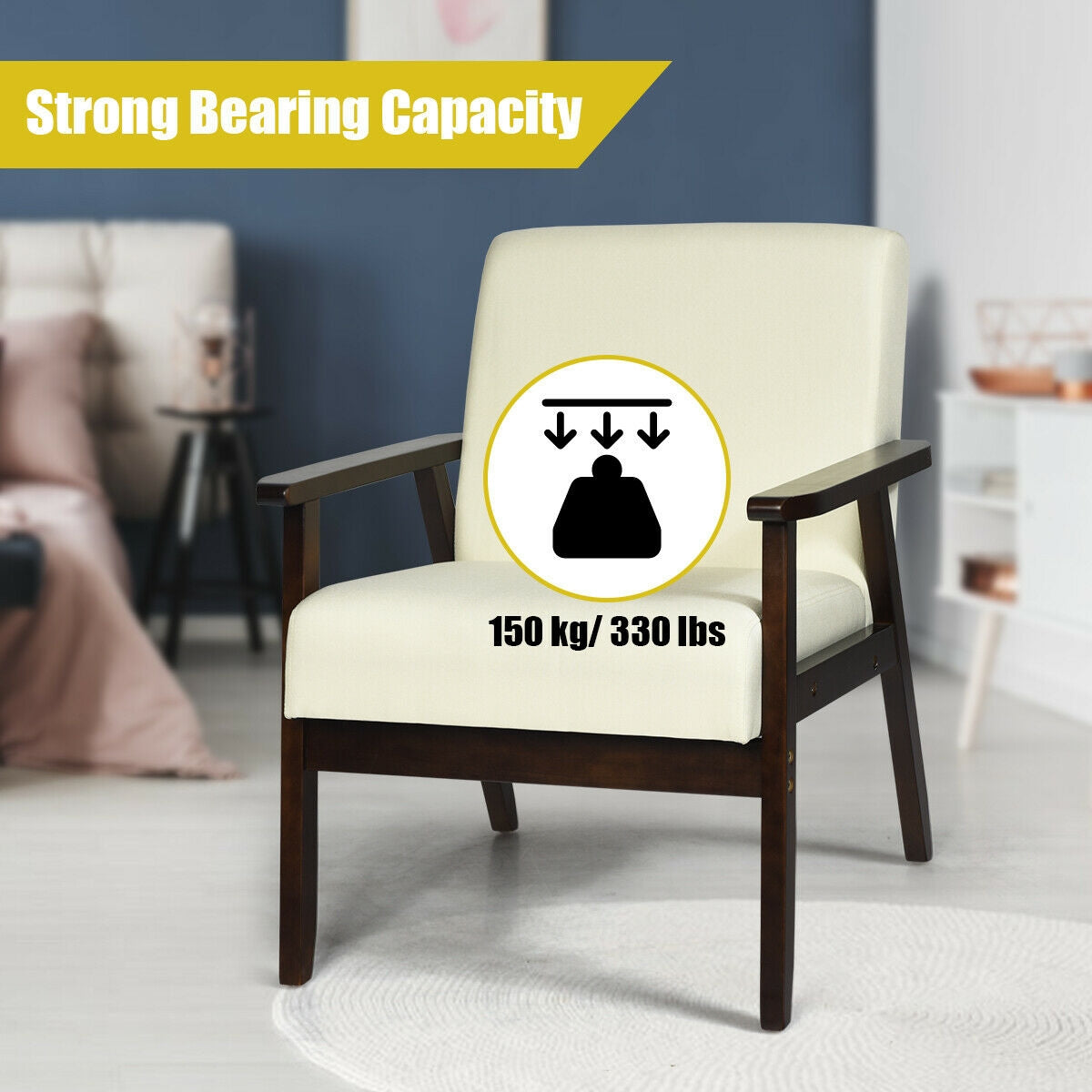 Solid Rubber Wood Fabric Accent Armchair