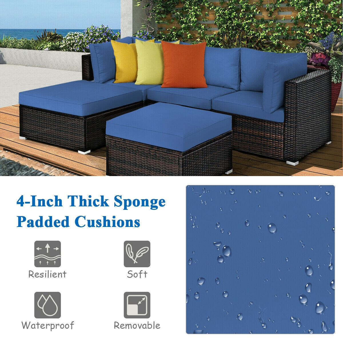 5 Pieces Patio Rattan Sectional Conversation Ottoman Furniture Set