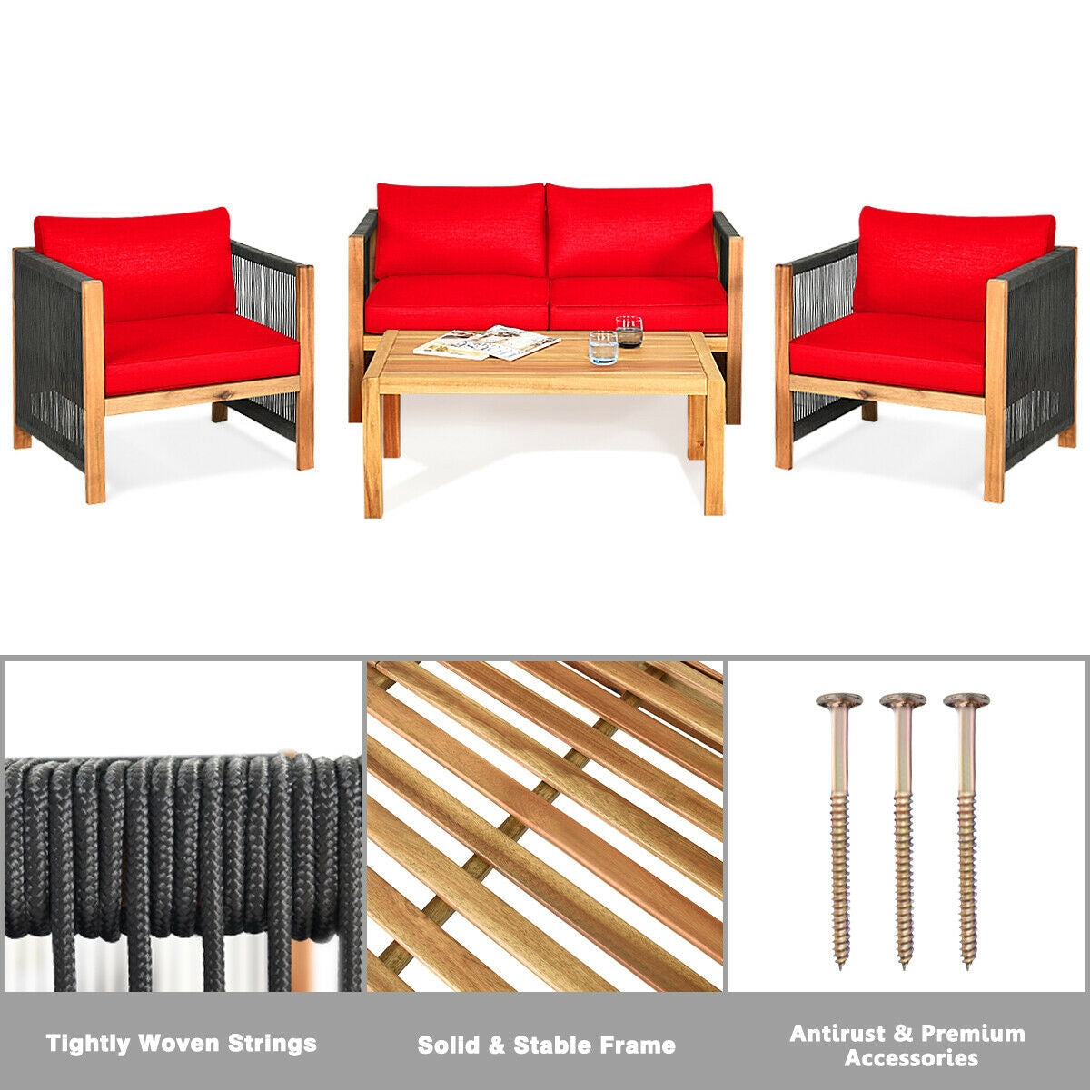 4 Pieces Acacia Wood Outdoor Patio Furniture Set with Cushions