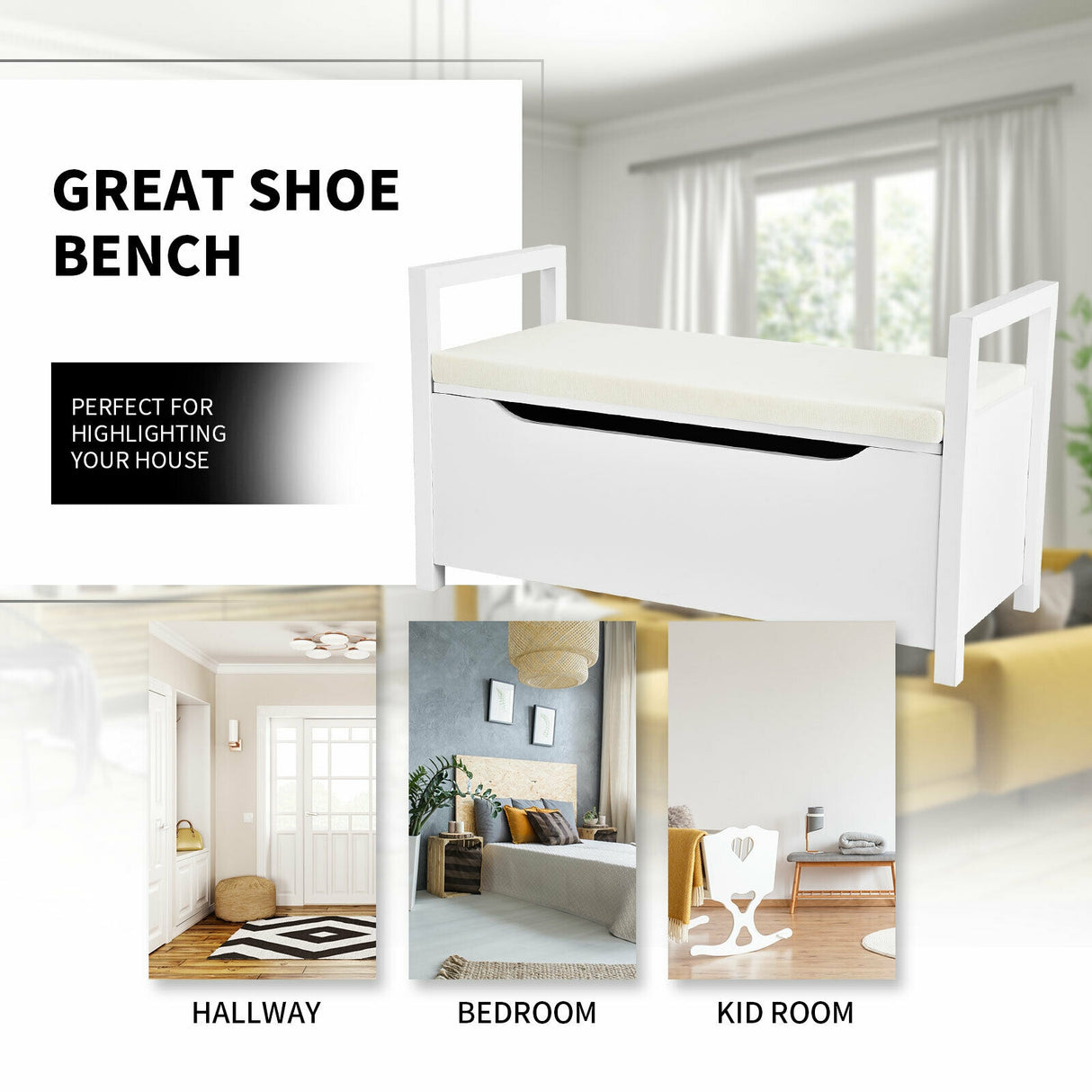 34.5 Ã15.5 Ã19.5 Inch Shoe Storage Bench with Cushion Seat for Entryway