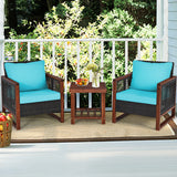 3 Pieces Patio Wicker Furniture Set with Washable Cushion and Acacia Wood Coffee Table