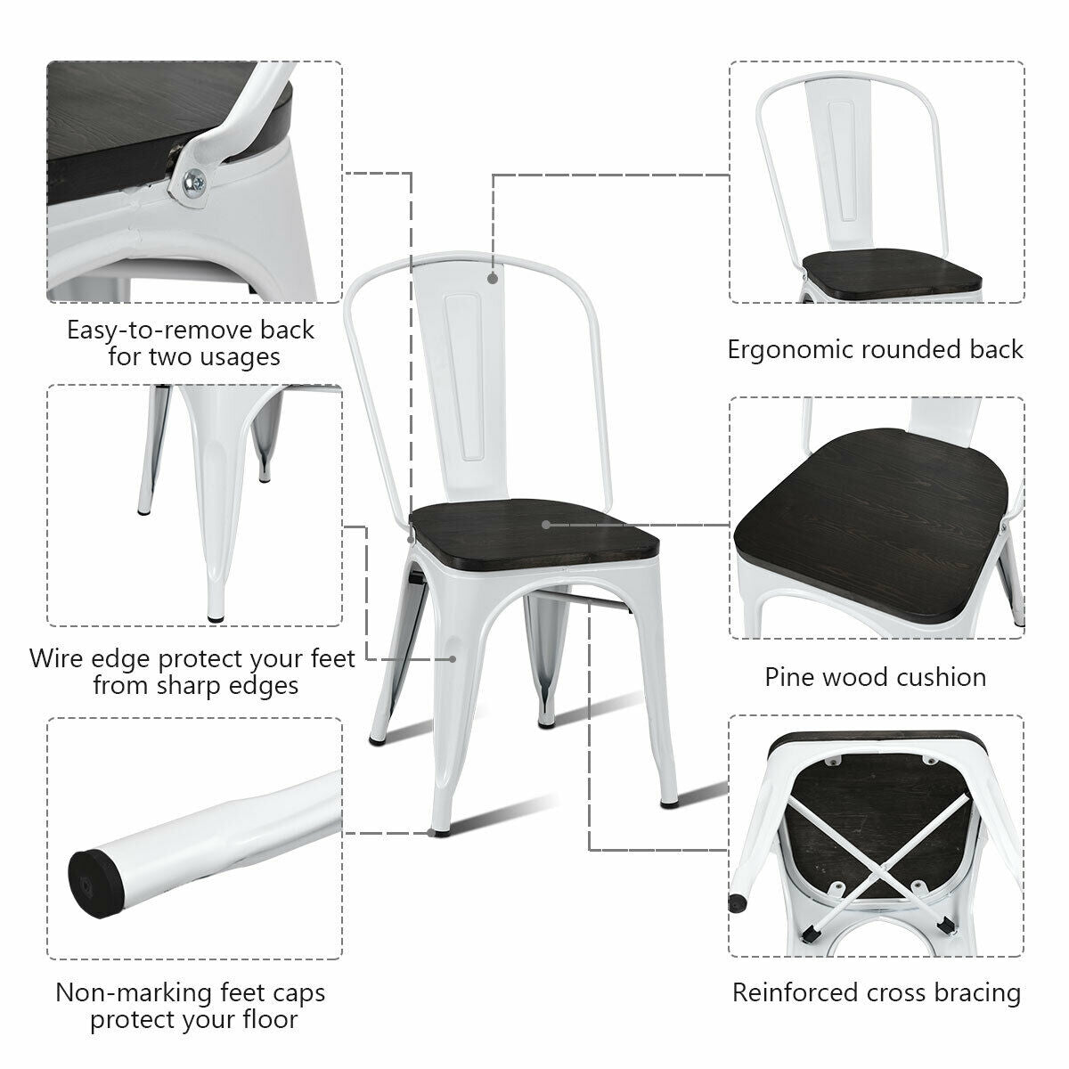 4 Pieces Tolix Style Metal Dining Side Chair Stackable Wood Seat-White