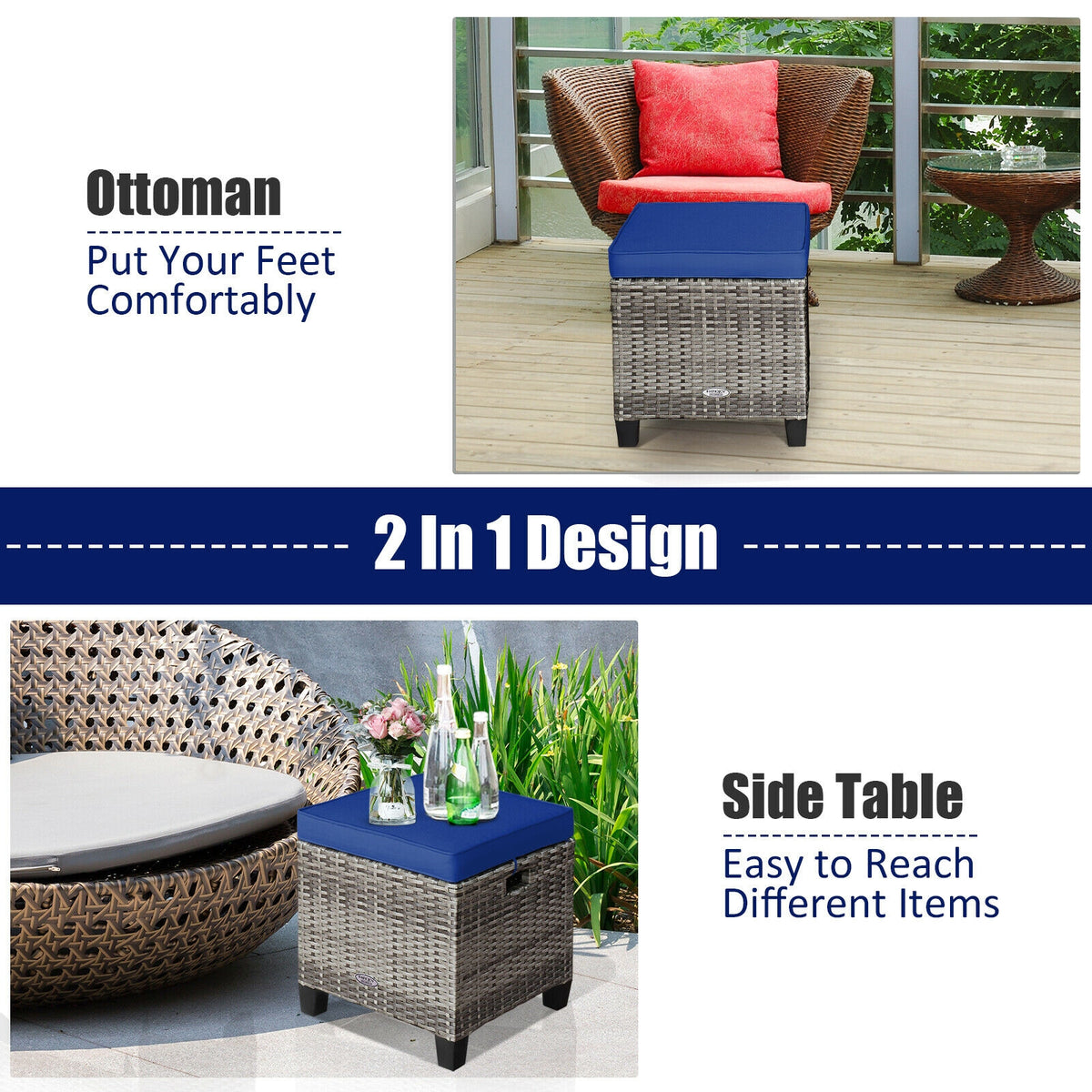 2PCS Patio Rattan Wicker Ottoman Seat with Removable Cushions