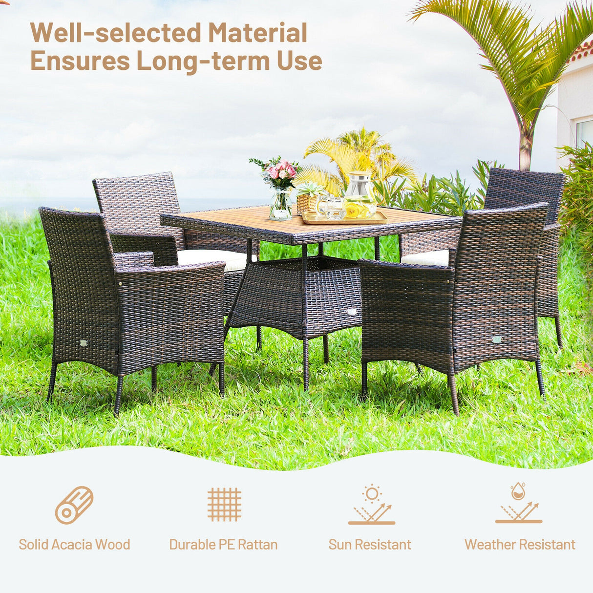 Outdoor 5 Pieces Dining Table Set with 1 Table and 4 Single Sofas