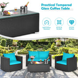 4 Pieces Patio Rattan Conversation Set with Cushions and Coffee Table