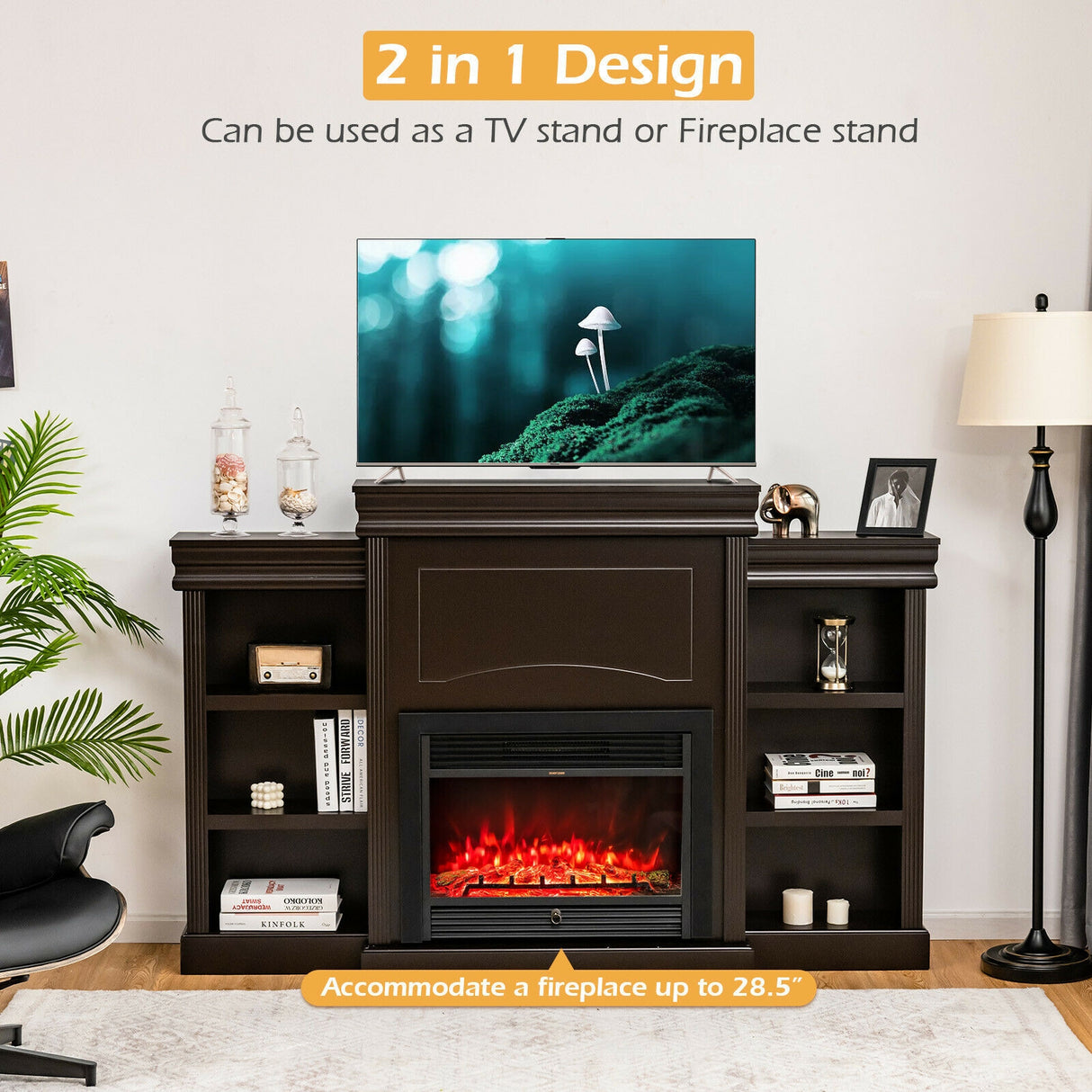 70 Inch Modern Fireplace Media Entertainment Center with Bookcase