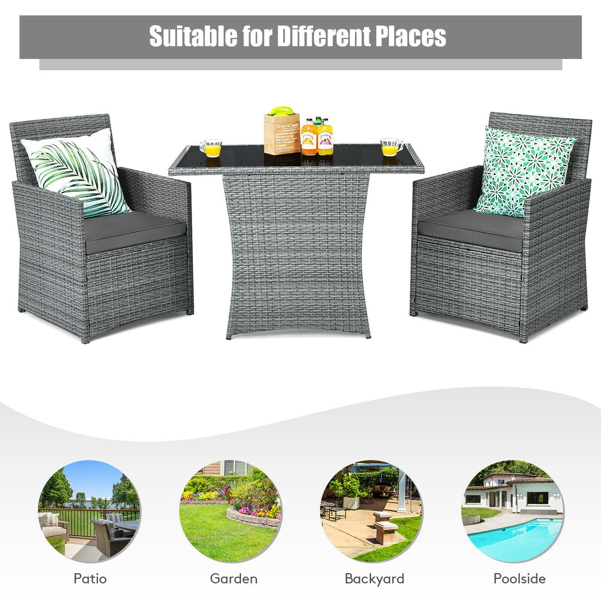 3 Pieces Patio Rattan Furniture Set with Cushioned Armrest Sofa