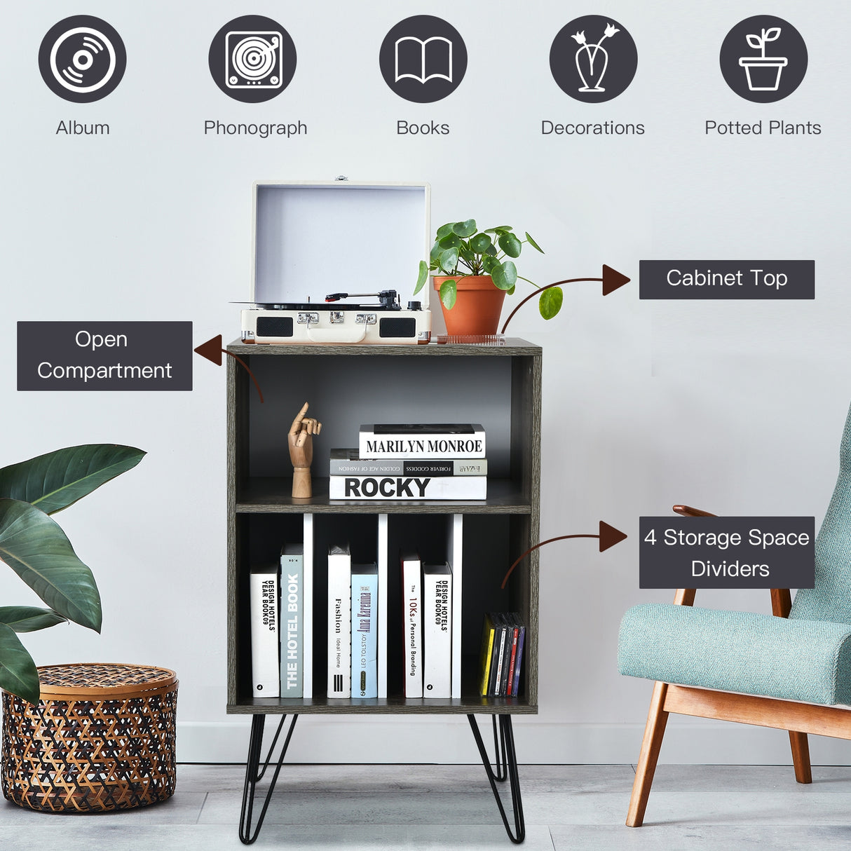 Freestanding Record Player Stand Storage Cabinet with Metal Legs