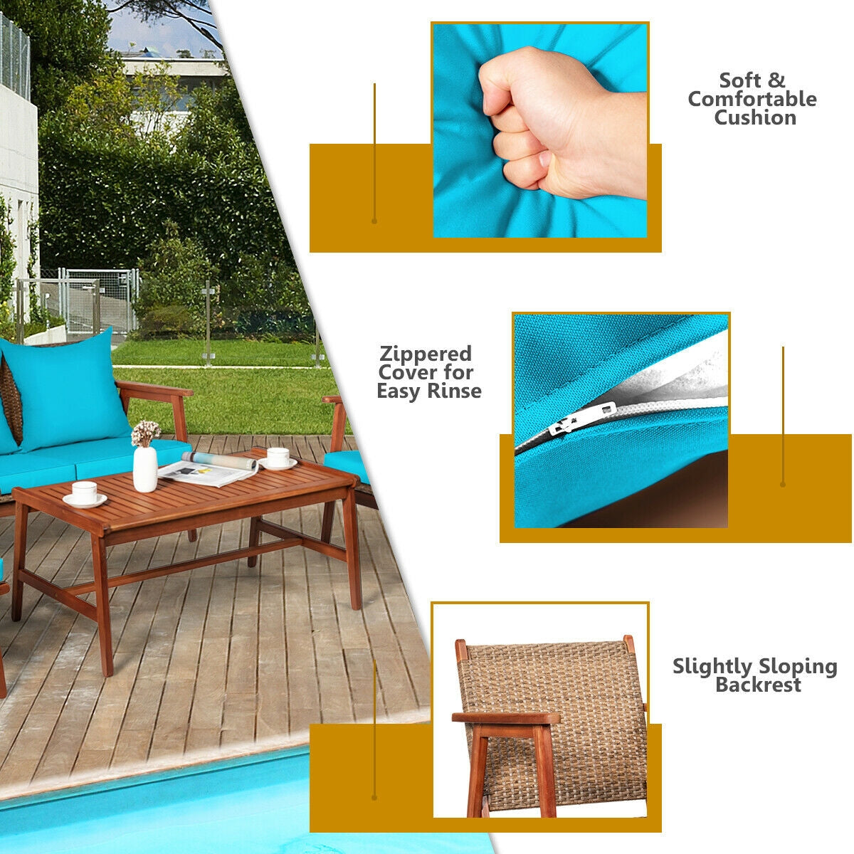 4 Pieces Acacia Wood Patio Rattan Furniture Set with Zippered Cushions