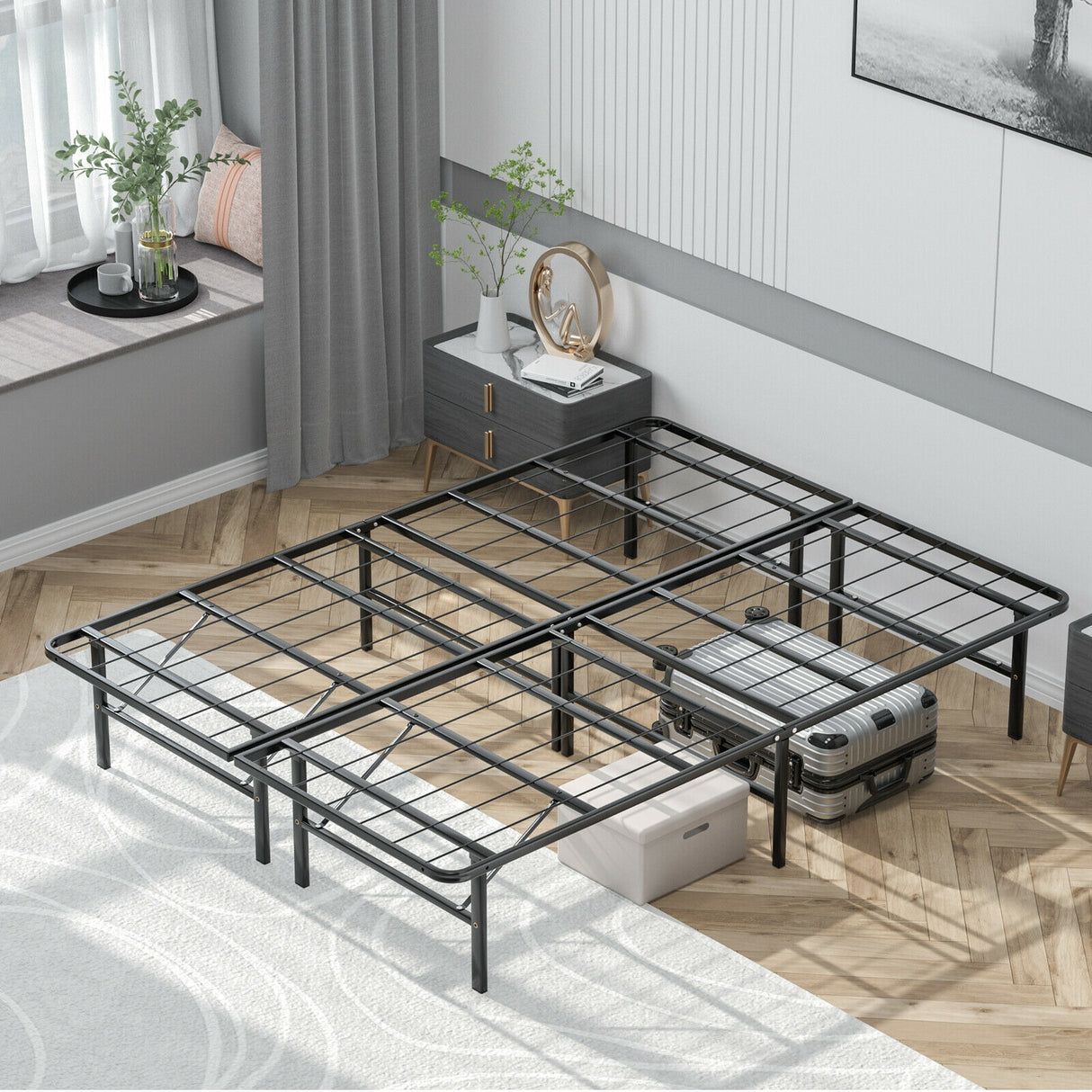 Twin/Full/Queen Size Foldable Metal Platform Bed with Tool-Free Assembly